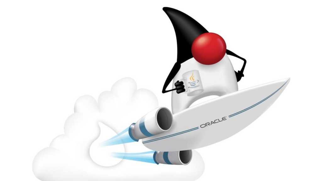 Duke the Java mascot riding a jet-powered surfboard